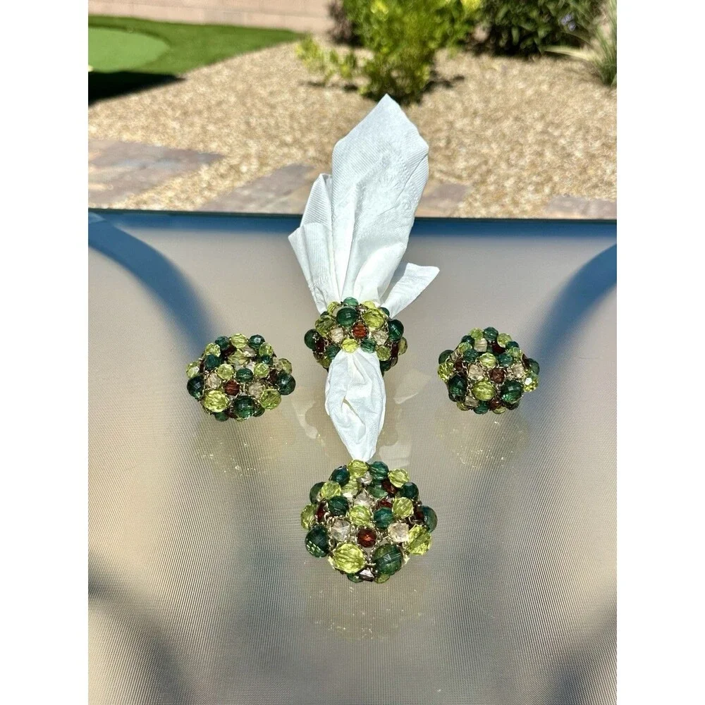 Set Of 4 Pier 1 Imports Green and Amber Faux Crystal Beaded Napkin Rings Round